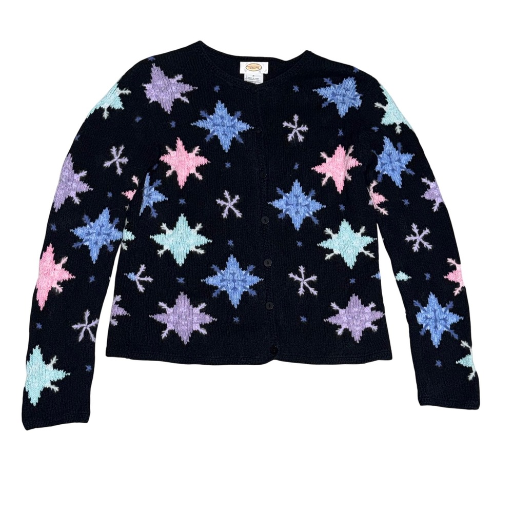 Talbots Snowflake Cardigan Womens Medium Black Pastel Excellent Novelty Knit VTG
